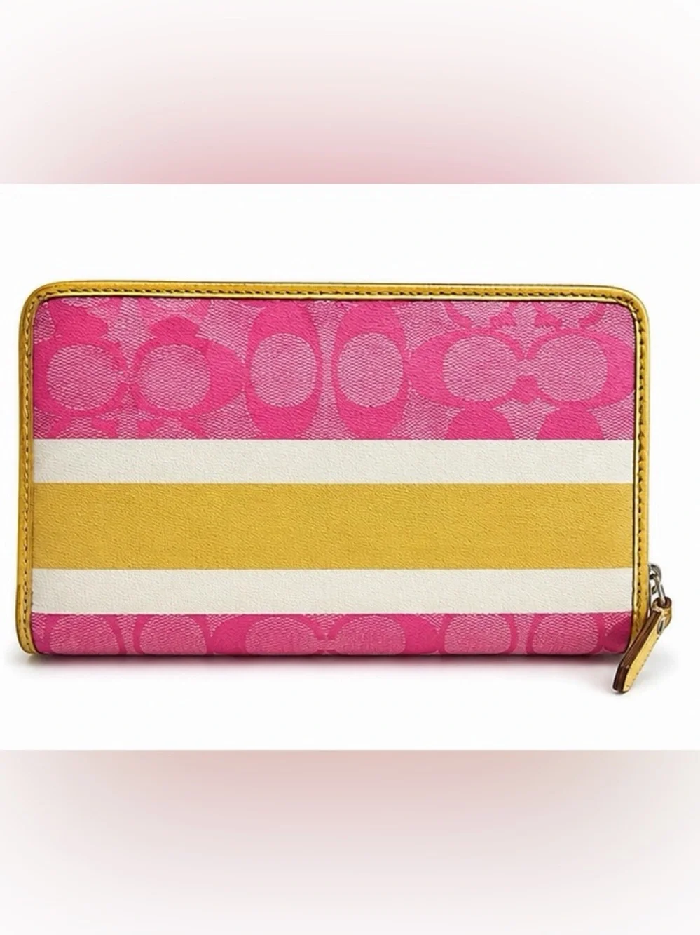 Coach Signature Pink Jacquard Zip Around Wallet Yellow Leather Trim